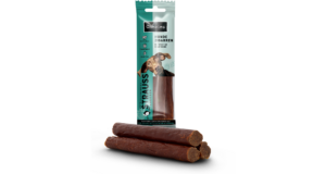 CHEWIES Hundezigarren Pštrosí salámky s malinami a rybízem 75 g
